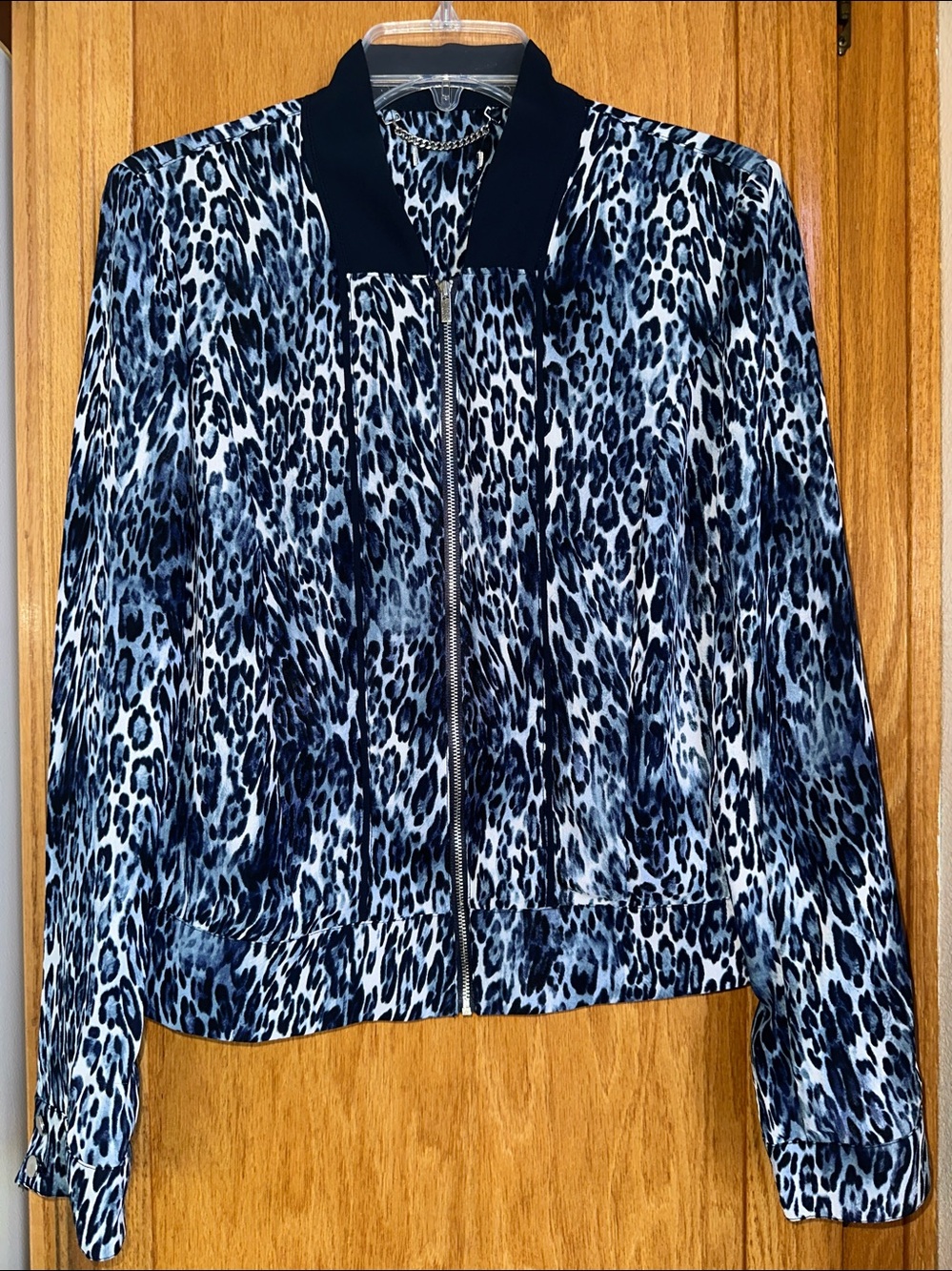 Cache Blue & White Animal Leopard Print Zip-Front Blousy Jacket Size M